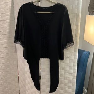 Elegant black, tie-front, short sleeve blouse with lace trim details